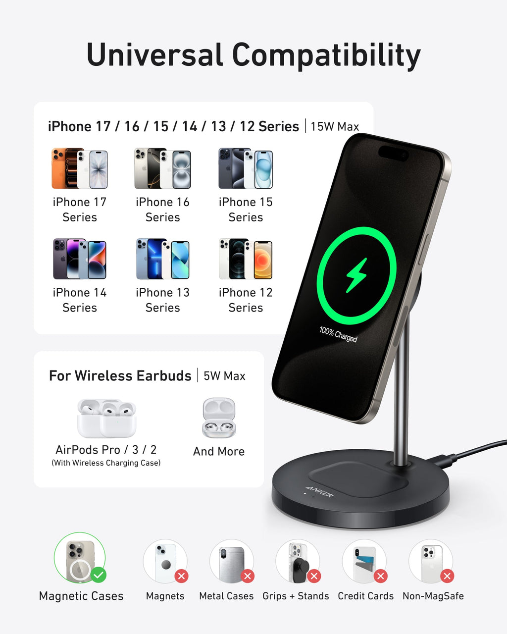 Anker MagGo Wireless Charger (2-in-1, Stand, 40W Adapter Included)