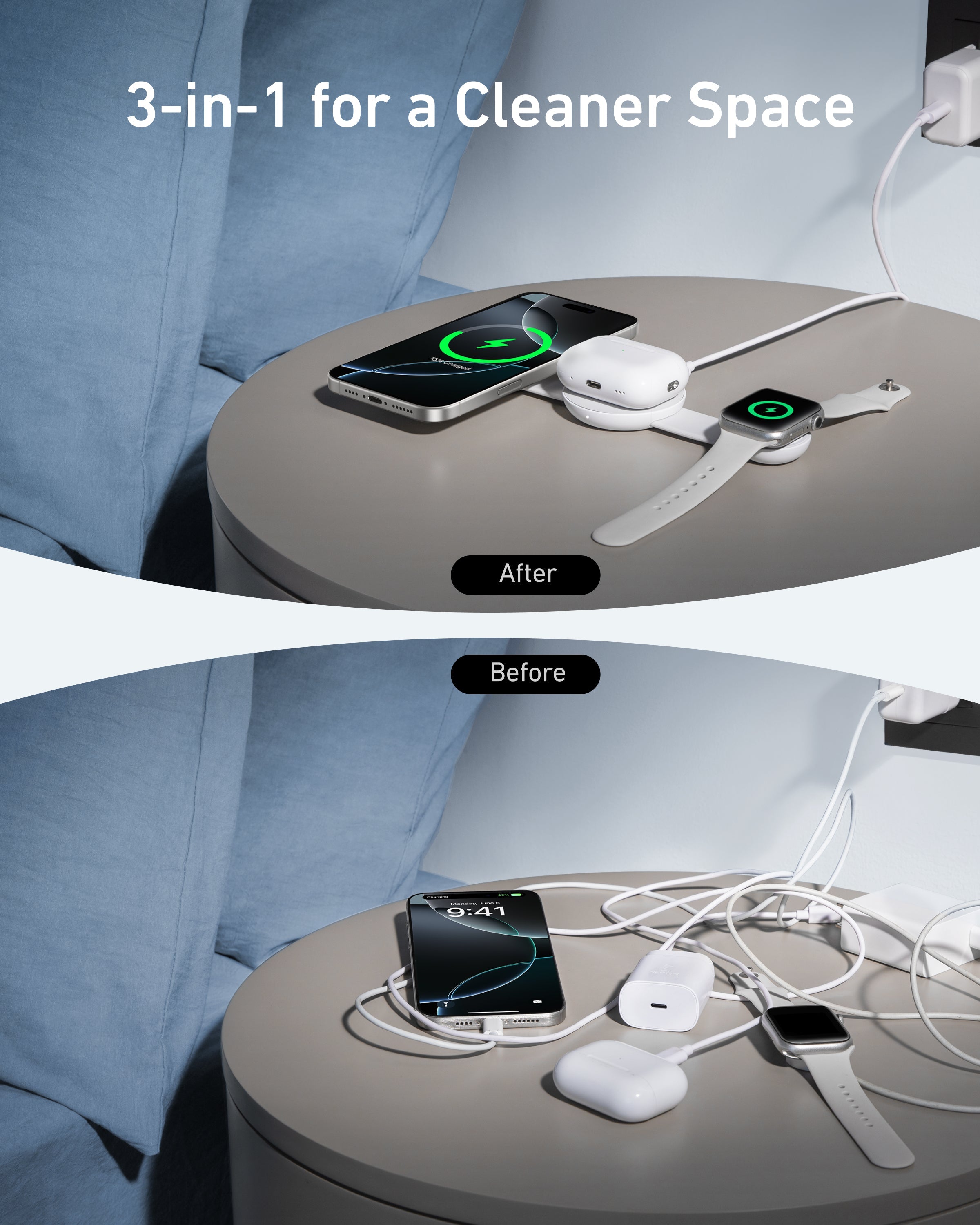 Anker MagGo Wireless Charging Station (3-in-1, Foldable Pad, Aurora White, with Travel Case & Adapter)